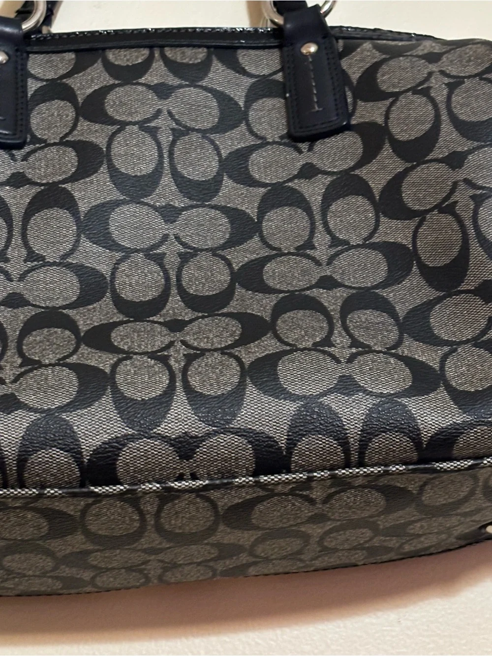 Coach Black & Gray Signature Stripe Satchel with White Accents